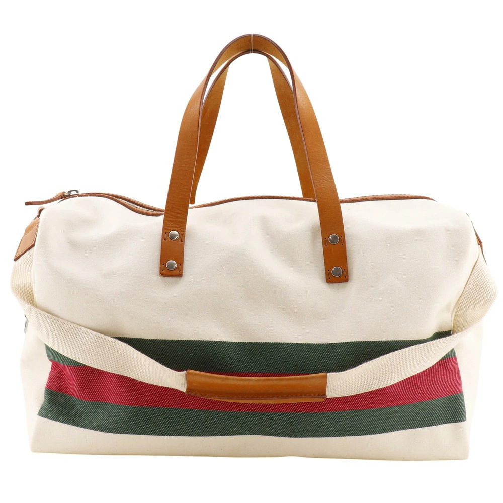 Gucci Webbing Boston Bag Canvas Zipper 2Way Shoulder Bag White